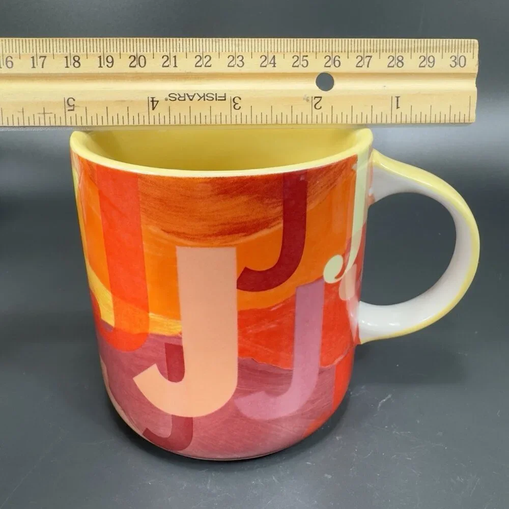 Anthropologie Monogram Lottie Mug Orange‎ Red Yellow Pink Letter Initial J Mug